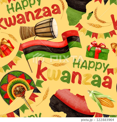 Happy Kwanzaa seamless pattern of Pan African flag, map and drum with gifts. Hand drawn watercolor holiday illustration of traditional symbol. Isolated drawing for African-American designs. Happy Kwanzaa seamless pattern of Pan African flag, map and drum with gifts. Hand drawn watercolor holiday illustration of traditional symbol. Isolated drawing for African-American designs. 122883964