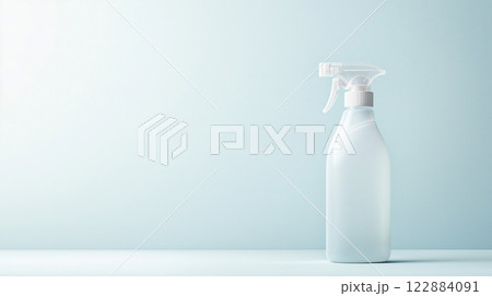 Sleek white spray bottle against a soft blue background, symbolizing cleanliness, organization, and modern home essentials 122884091