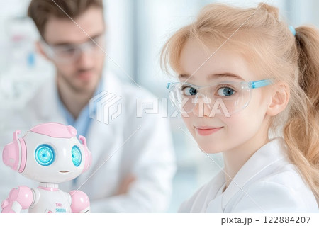 A small humanoid robot with glowing blue eyes is engaging with a blurred male scientist in a modern laboratory. 122884207