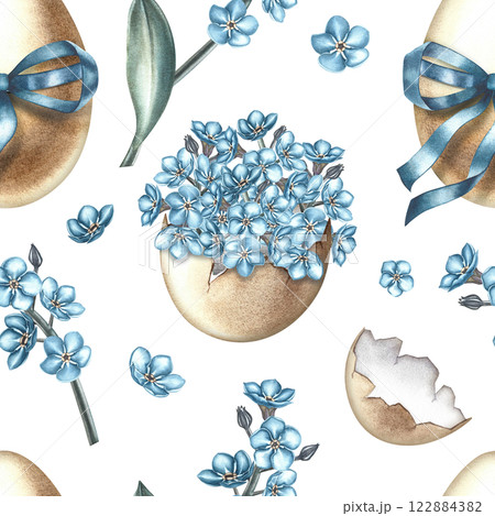 Easter seamless pattern with decorated eggs, blue ribbon and forget-me-nots. The illustration is done in watercolor by hand. For textiles, prints, wrapping paper, backgrounds. Easter seamless pattern with decorated eggs, blue ribbon and forget-me-nots. The illustration is done in watercolor by hand. For textiles, prints, wrapping paper, backgrounds. 122884382