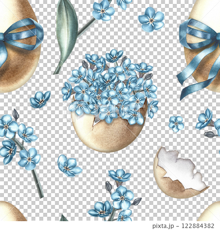 Easter seamless pattern with decorated eggs, blue ribbon and forget-me-nots. The illustration is done in watercolor by hand. For textiles, prints, wrapping paper, backgrounds. Easter seamless pattern with decorated eggs, blue ribbon and forget-me-nots. The illustration is done in watercolor by hand. For textiles, prints, wrapping paper, backgrounds. 122884382