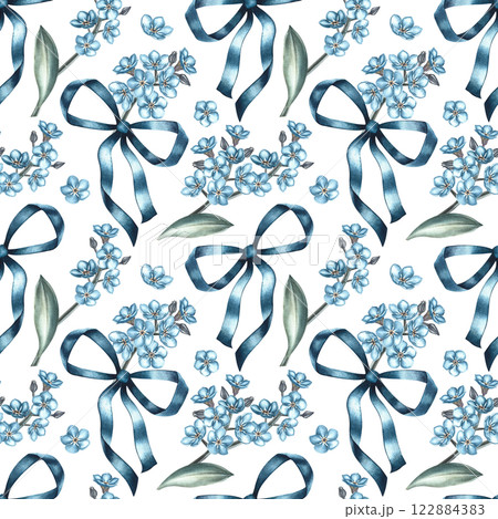A simple pattern with blue forget-me-nots and bows of their ribbons. The illustration is done in watercolor by hand. For textiles, wallpapers, prints, wrapping paper, background A simple pattern with blue forget-me-nots and bows of their ribbons. The illustration is done in watercolor by hand. For textiles, wallpapers, prints, wrapping paper, background 122884383