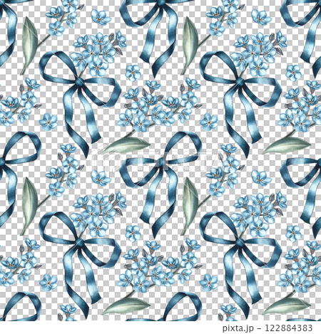 A simple pattern with blue forget-me-nots and bows of their ribbons. The illustration is done in watercolor by hand. For textiles, wallpapers, prints, wrapping paper, background A simple pattern with blue forget-me-nots and bows of their ribbons. The illustration is done in watercolor by hand. For textiles, wallpapers, prints, wrapping paper, background 122884383