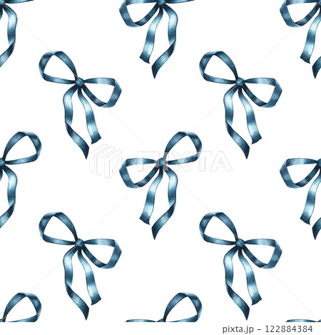 Seamless simple pattern with blue ribbon bows. A hand-drawn watercolor illustration. Great for textiles, wallpapers, prints, wrapping paper, backgrounds, and more. Seamless simple pattern with blue ribbon bows. A hand-drawn watercolor illustration. Great for textiles, wallpapers, prints, wrapping paper, backgrounds, and more. 122884384