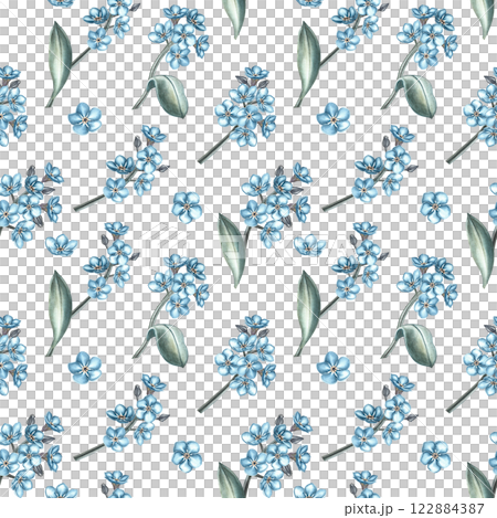 Seamless pattern with blue forget-me-not flowers. Handmade watercolor illustration. Great for textiles, wallpapers, prints, wrapping paper, backgrounds, and more. 122884387