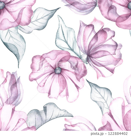 Seamless pattern with delicate pink flowers and leaves. Handmade watercolor illustration. Great for textiles, wallpaper, wrapping paper, wedding and holiday backgrounds and more 122884402