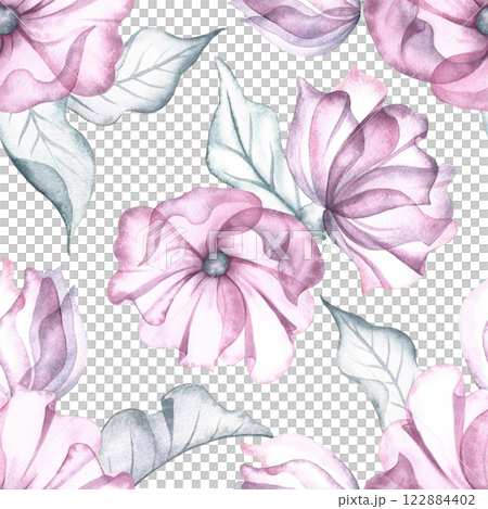Seamless pattern with delicate pink flowers and leaves. Handmade watercolor illustration. Great for textiles, wallpaper, wrapping paper, wedding and holiday backgrounds and more 122884402