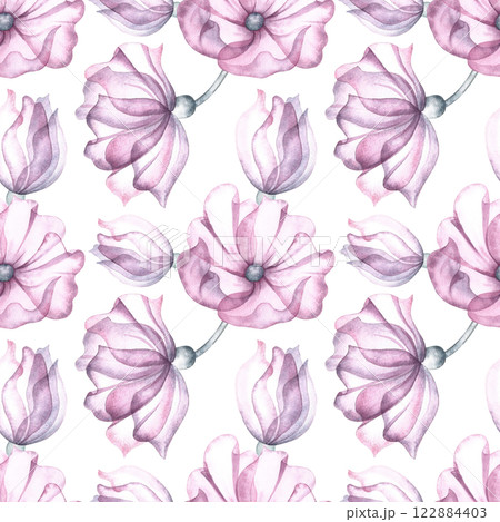 Seamless pattern with delicate pink flowers. Handmade watercolor illustration. Great for textiles, wallpaper, wrapping paper, wedding and holiday backgrounds, and more. 122884403
