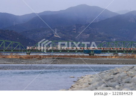 冬空の中お茶畑が並ぶ山々を背景に大井川を渡る313系電車_2025/1/12撮影 122884429