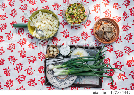 Vegan food on picnic blanket 122884447