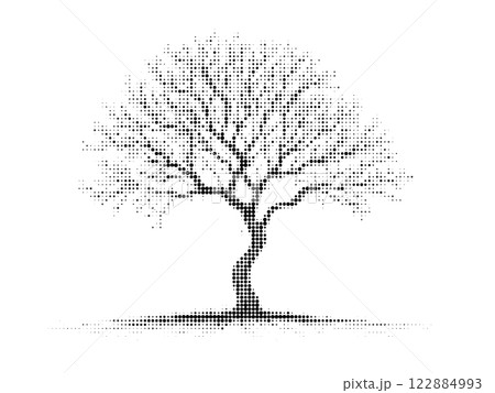 A stylized halftone illustration of a large tree with intricate branches depicted in a monochrome artistic design. A stylized halftone illustration of a large tree with intricate branches depicted in a monochrome artistic design. 122884993