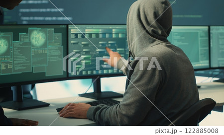 Governmental hackers doing teamwork in protecting sensitive information from cyber threats of digital mercenaries. Experts focusing on online security and cyber defense tactics. Camera A. Governmental hackers doing teamwork in protecting sensitive information from cyber threats of digital mercenaries. Experts focusing on online security and cyber defense tactics. Camera A. 122885008