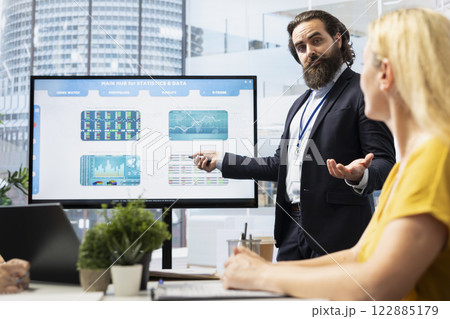 Broker investor in office offering financial advice to clients, looking at forex index values on big screen. Financial advisor helping family make economic decisions, analyzing market shares Broker investor in office offering financial advice to clients, looking at forex index values on big screen. Financial advisor helping family make economic decisions, analyzing market shares 122885179