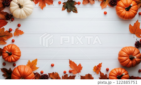 A white background with a frame of orange and white leaves and pumpkins 122885751