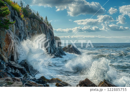 Waves Crashing Against Rocky Cliff on Sunny Day 122885755