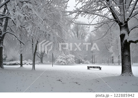 Snowy Park with Autumn Leaves Snowy Park with Autumn Leaves 122885942