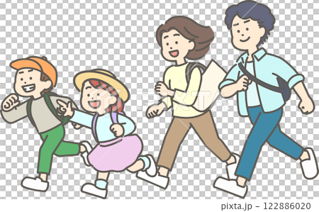 鞄を持ち、走ってお出かけする子ども連れの家族のイラスト 鞄を持ち、走ってお出かけする子ども連れの家族のイラスト 122886020