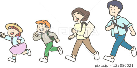 鞄を持ち、走ってお出かけする子ども連れの家族のイラスト 122886021