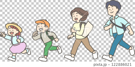 鞄を持ち、走ってお出かけする子ども連れの家族のイラスト 122886021