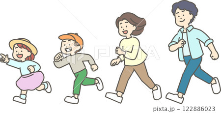 走ってお出かけする子ども連れの家族のイラスト 122886023
