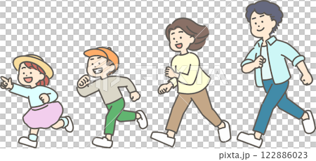 走ってお出かけする子ども連れの家族のイラスト 122886023
