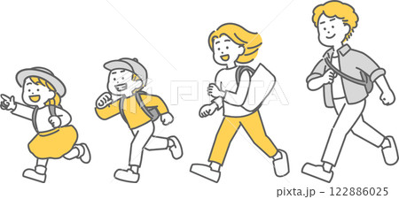 鞄を持ち、走ってお出かけする子ども連れの家族のイラスト 鞄を持ち、走ってお出かけする子ども連れの家族のイラスト 122886025