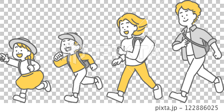 鞄を持ち、走ってお出かけする子ども連れの家族のイラスト 鞄を持ち、走ってお出かけする子ども連れの家族のイラスト 122886025