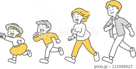 走ってお出かけする子ども連れの家族のイラスト 走ってお出かけする子ども連れの家族のイラスト 122886027