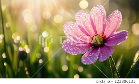 A pink flower with dew drops on it is in a field of grass 122886133