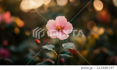 A single pink flower is the main focus of the image 122886147
