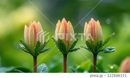 Three flowers with green leaves and red petals are in a field Three flowers with green leaves and red petals are in a field 122886151