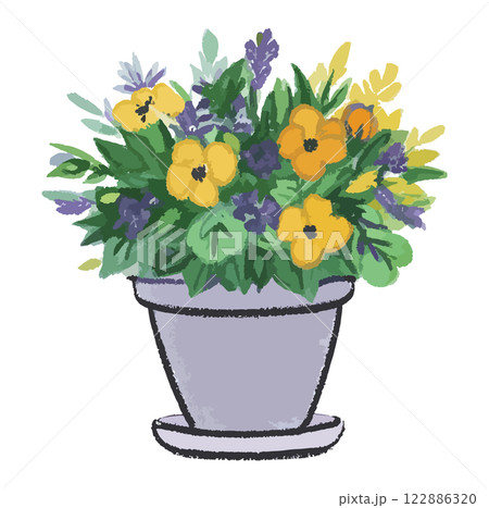 植木鉢に植えたお花の手書き風イラスト 生成AIのイラスト素材