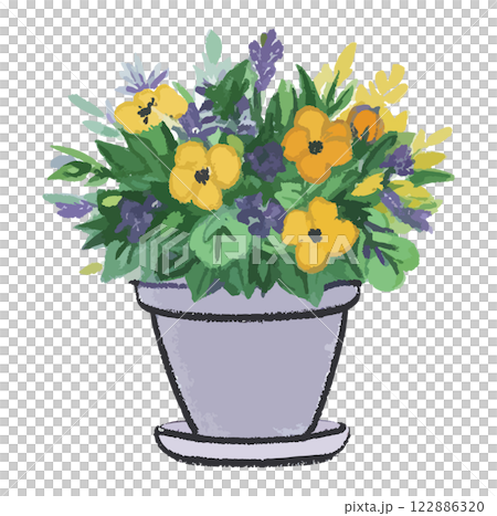 人工智慧生成的花盆裡種植的花朵手繪插圖 122886320