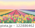 桜色の朝靄に包まれたお花畑 122886462