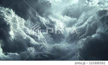 The sky is filled with dark clouds, creating a moody and ominous atmosphere 122886562