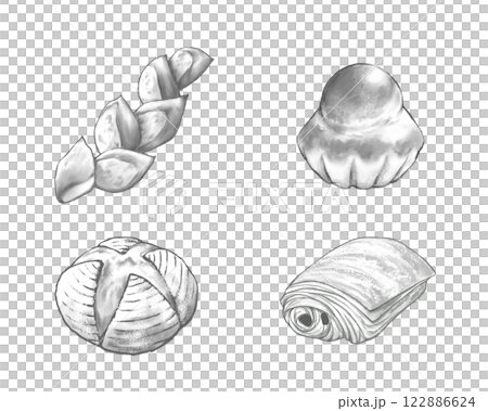 法國麵包的逼真的單色插圖集 122886624