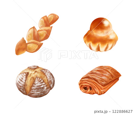 フランス系パンのリアルな水彩イラストセット 122886627