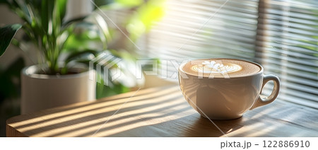 Morning coffee with latte art on a wooden table next to a potted plant. Perfect for promoting a cafe or creating a relaxing atmosphere on social media. It gives a feeling of warmth start to the day. 122886910