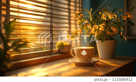 Morning coffee with latte art on a wooden table next to a potted plant. Perfect for promoting a cafe or creating a relaxing atmosphere on social media. It gives a feeling of warmth start to the day. 122886912