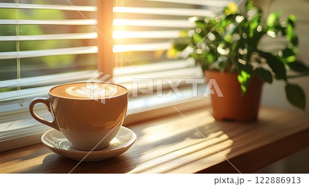Morning coffee with latte art on a wooden table next to a potted plant. Perfect for promoting a cafe or creating a relaxing atmosphere on social media. It gives a feeling of warmth start to the day. 122886913