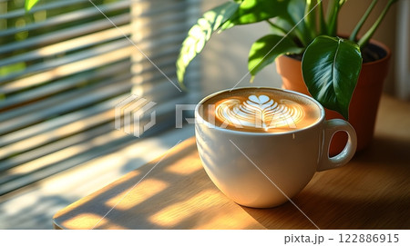 Morning coffee with latte art on a wooden table next to a potted plant. Perfect for promoting a cafe or creating a relaxing atmosphere on social media. It gives a feeling of warmth start to the day. Morning coffee with latte art on a wooden table next to a potted plant. Perfect for promoting a cafe or creating a relaxing atmosphere on social media. It gives a feeling of warmth start to the day. 122886915