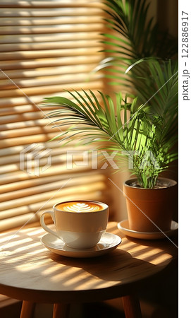 Morning coffee with latte art on a wooden table next to a potted plant. Perfect for promoting a cafe or creating a relaxing atmosphere on social media. It gives a feeling of warmth start to the day. Morning coffee with latte art on a wooden table next to a potted plant. Perfect for promoting a cafe or creating a relaxing atmosphere on social media. It gives a feeling of warmth start to the day. 122886917