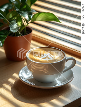 Morning coffee with latte art on a wooden table next to a potted plant. Perfect for promoting a cafe or creating a relaxing atmosphere on social media. It gives a feeling of warmth start to the day. Morning coffee with latte art on a wooden table next to a potted plant. Perfect for promoting a cafe or creating a relaxing atmosphere on social media. It gives a feeling of warmth start to the day. 122886924