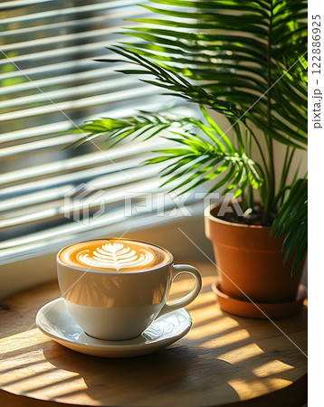 Morning coffee with latte art on a wooden table next to a potted plant. Perfect for promoting a cafe or creating a relaxing atmosphere on social media. It gives a feeling of warmth start to the day. Morning coffee with latte art on a wooden table next to a potted plant. Perfect for promoting a cafe or creating a relaxing atmosphere on social media. It gives a feeling of warmth start to the day. 122886925