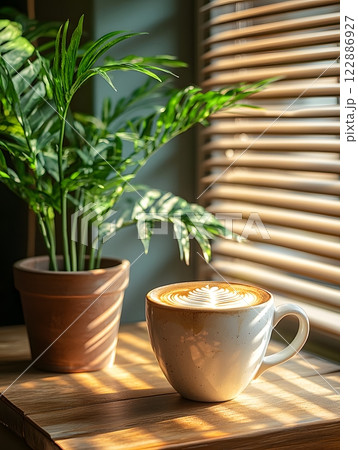 Morning coffee with latte art on a wooden table next to a potted plant. Perfect for promoting a cafe or creating a relaxing atmosphere on social media. It gives a feeling of warmth start to the day. Morning coffee with latte art on a wooden table next to a potted plant. Perfect for promoting a cafe or creating a relaxing atmosphere on social media. It gives a feeling of warmth start to the day. 122886927