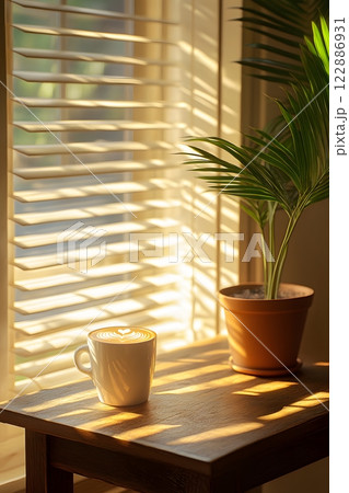 Morning coffee with latte art on a wooden table next to a potted plant. Perfect for promoting a cafe or creating a relaxing atmosphere on social media. It gives a feeling of warmth start to the day. Morning coffee with latte art on a wooden table next to a potted plant. Perfect for promoting a cafe or creating a relaxing atmosphere on social media. It gives a feeling of warmth start to the day. 122886931