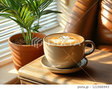Morning coffee with latte art on a wooden table next to a potted plant. Perfect for promoting a cafe or creating a relaxing atmosphere on social media. It gives a feeling of warmth start to the day. 122886943