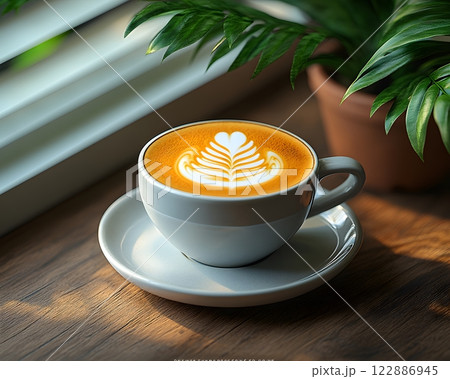 Morning coffee with latte art on a wooden table next to a potted plant. Perfect for promoting a cafe or creating a relaxing atmosphere on social media. It gives a feeling of warmth start to the day. Morning coffee with latte art on a wooden table next to a potted plant. Perfect for promoting a cafe or creating a relaxing atmosphere on social media. It gives a feeling of warmth start to the day. 122886945