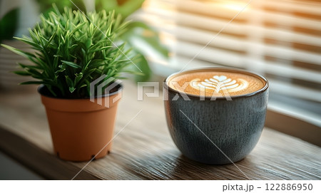 Morning coffee with latte art on a wooden table next to a potted plant. Perfect for promoting a cafe or creating a relaxing atmosphere on social media. It gives a feeling of warmth start to the day. Morning coffee with latte art on a wooden table next to a potted plant. Perfect for promoting a cafe or creating a relaxing atmosphere on social media. It gives a feeling of warmth start to the day. 122886950