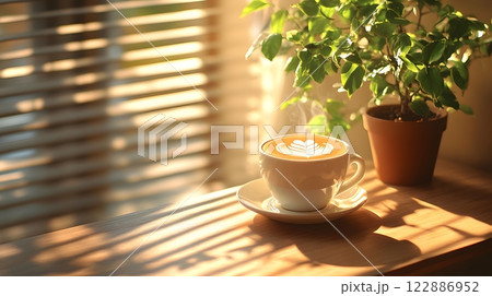 Morning coffee with latte art on a wooden table next to a potted plant. Perfect for promoting a cafe or creating a relaxing atmosphere on social media. It gives a feeling of warmth start to the day. Morning coffee with latte art on a wooden table next to a potted plant. Perfect for promoting a cafe or creating a relaxing atmosphere on social media. It gives a feeling of warmth start to the day. 122886952